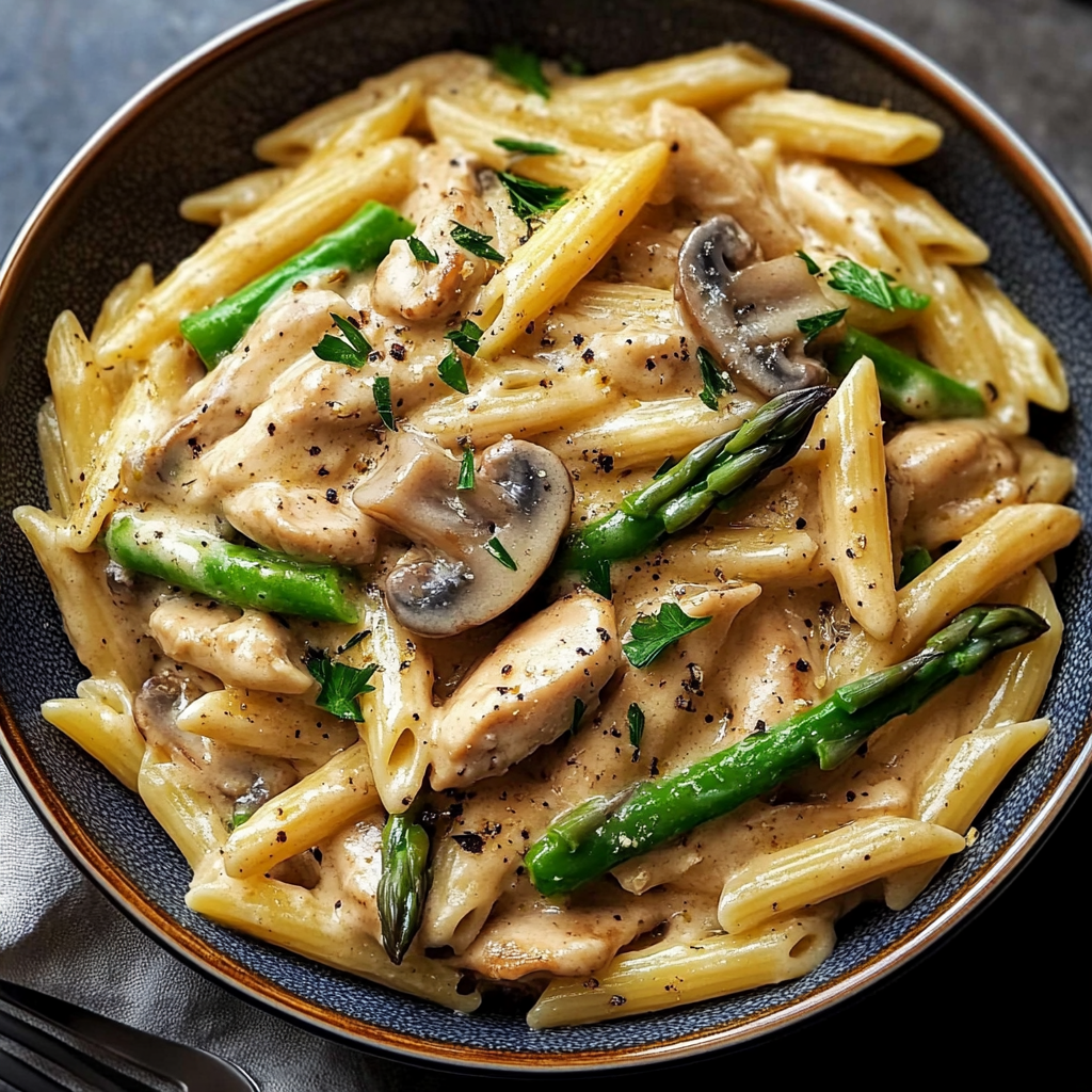 Creamy Mushroom and Asparagus Chicken Penne